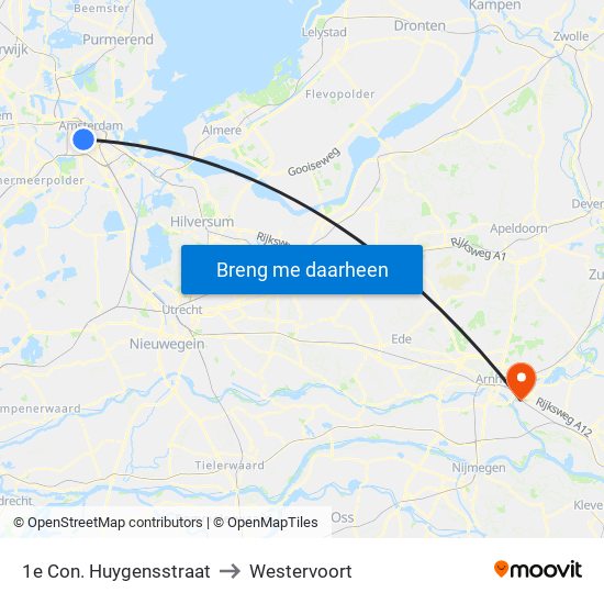 1e Con. Huygensstraat to Westervoort map