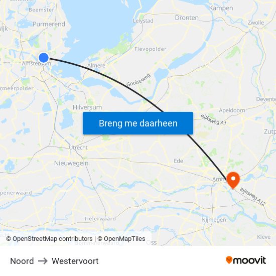 Noord to Westervoort map