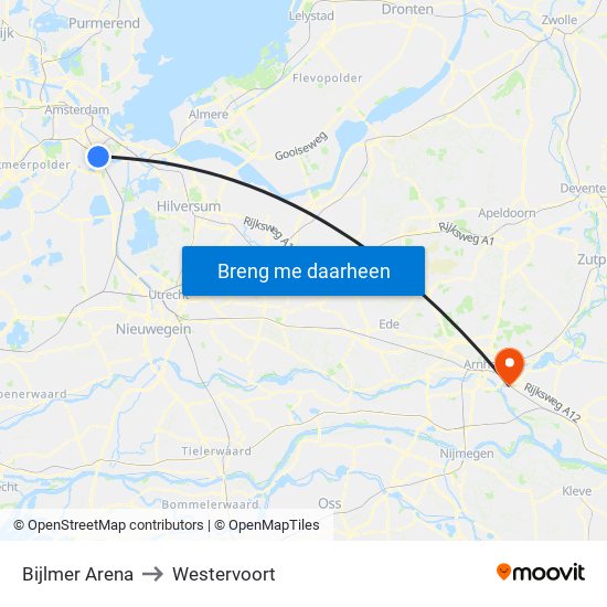 Bijlmer Arena to Westervoort map