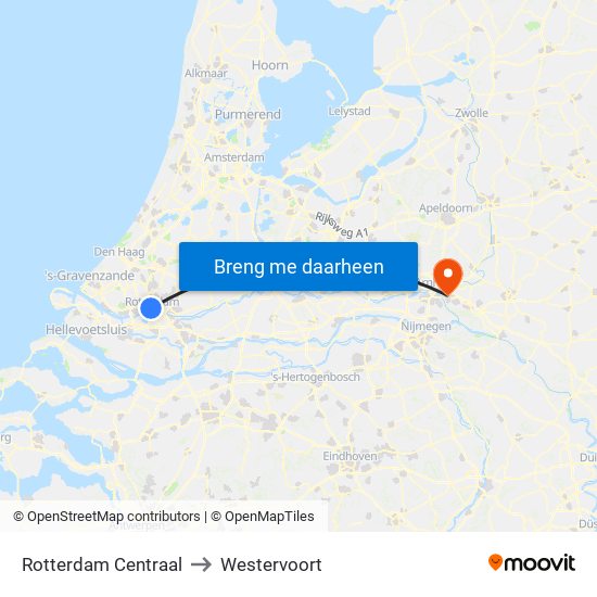 Rotterdam Centraal to Westervoort map