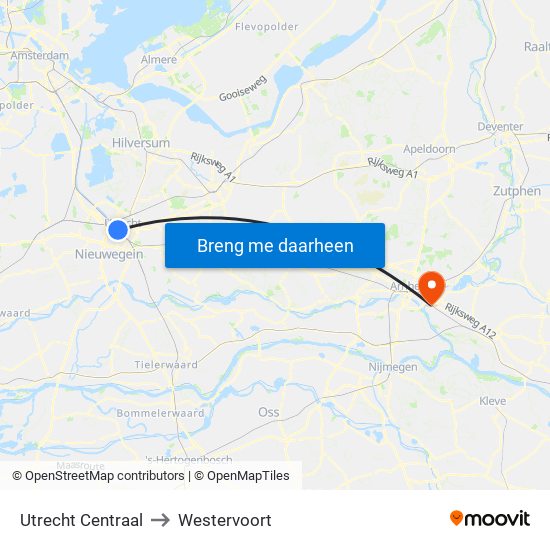 Utrecht Centraal to Westervoort map