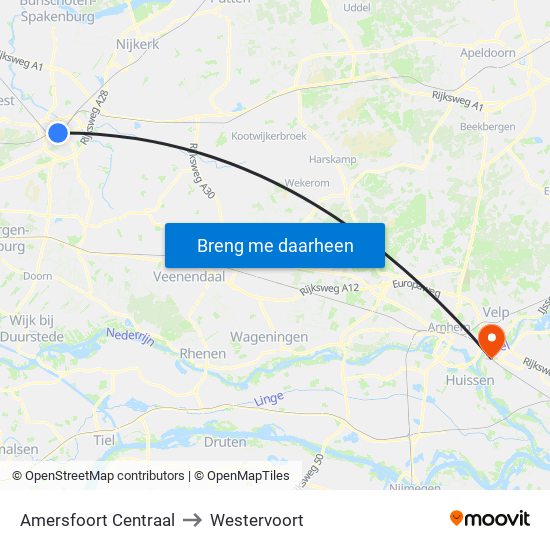Amersfoort Centraal to Westervoort map