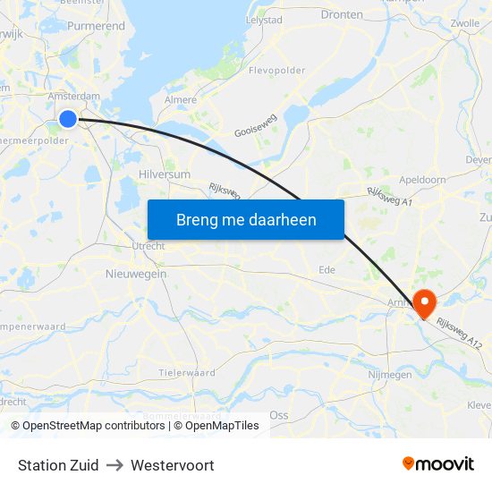 Station Zuid to Westervoort map