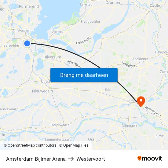 Amsterdam Bijlmer Arena to Westervoort map