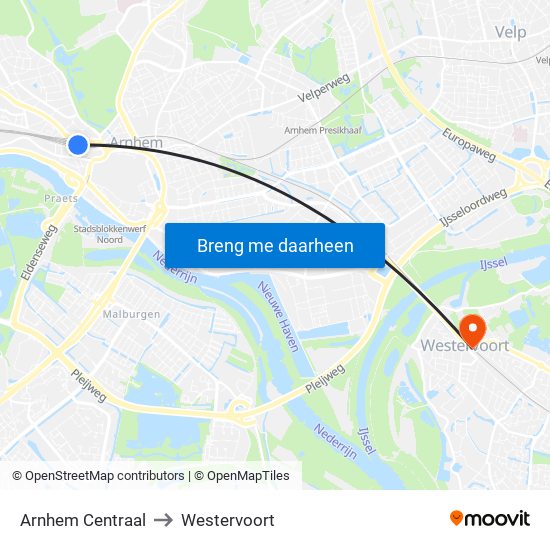 Arnhem Centraal to Westervoort map