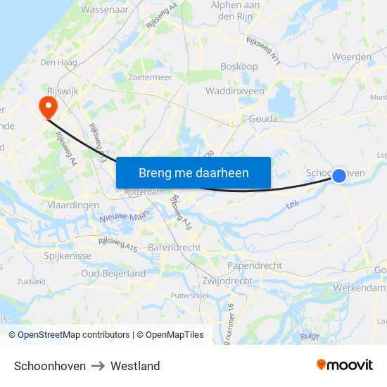 Schoonhoven to Westland map