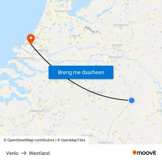Venlo to Westland map
