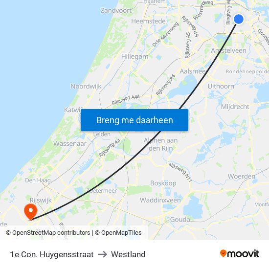 1e Con. Huygensstraat to Westland map