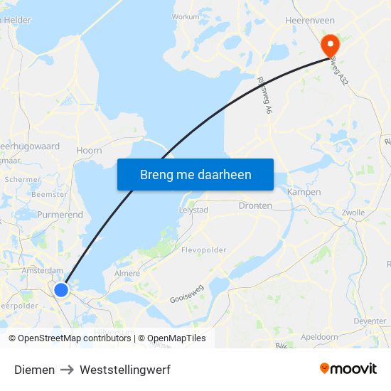 Diemen to Weststellingwerf map