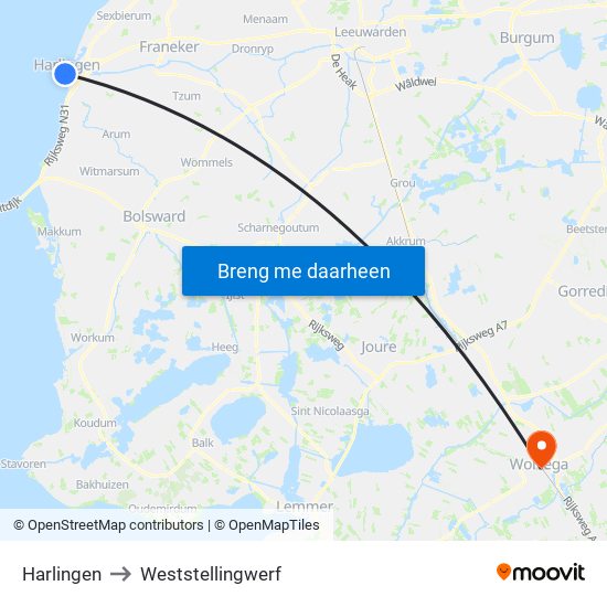 Harlingen to Weststellingwerf map