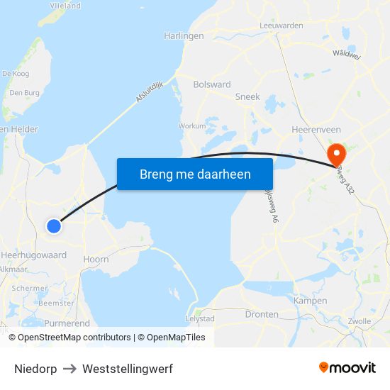 Niedorp to Weststellingwerf map