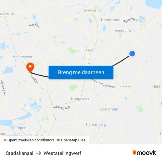 Stadskanaal to Weststellingwerf map