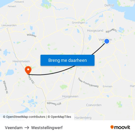 Veendam to Weststellingwerf map