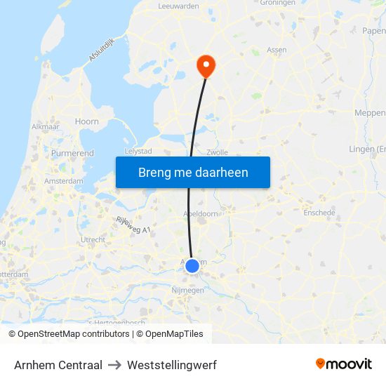 Arnhem Centraal to Weststellingwerf map