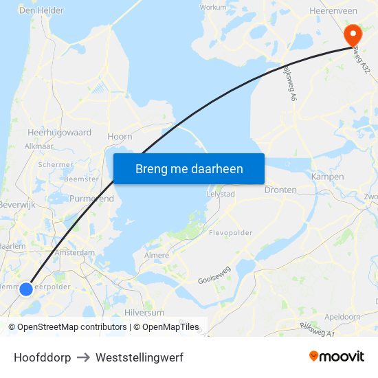 Hoofddorp to Weststellingwerf map