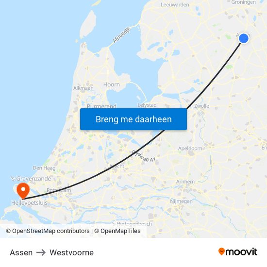 Assen to Westvoorne map