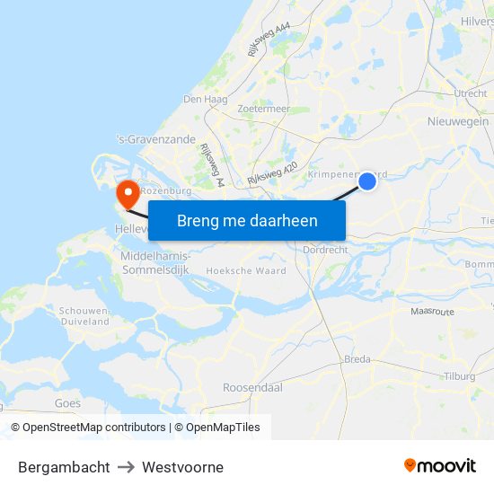Bergambacht to Westvoorne map