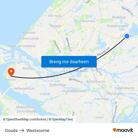 Gouda to Westvoorne map