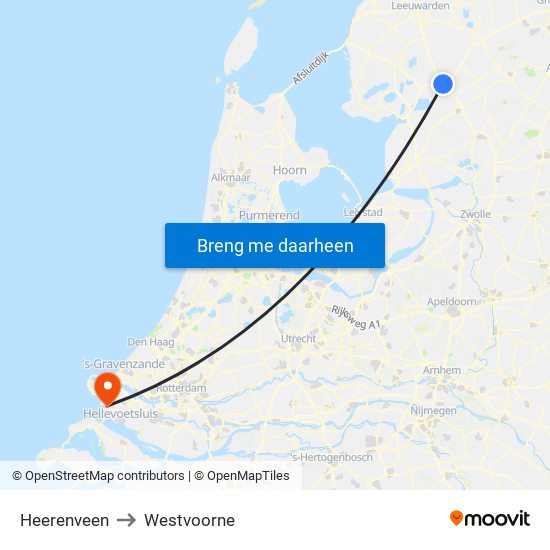 Heerenveen to Westvoorne map