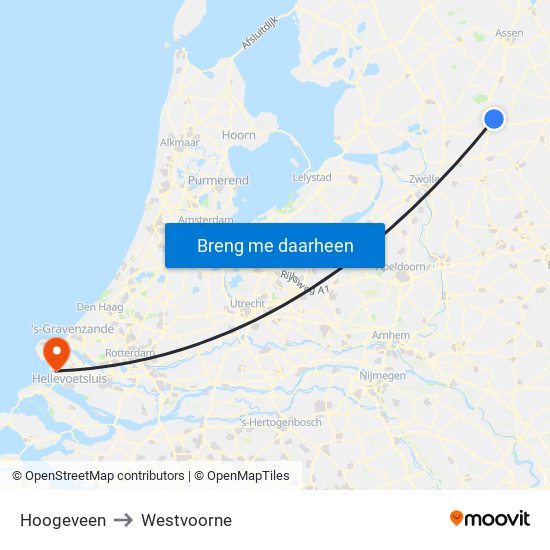 Hoogeveen to Westvoorne map