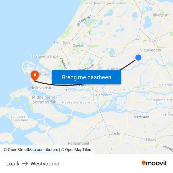Lopik to Westvoorne map