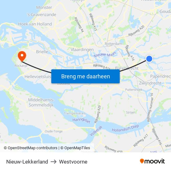 Nieuw-Lekkerland to Westvoorne map