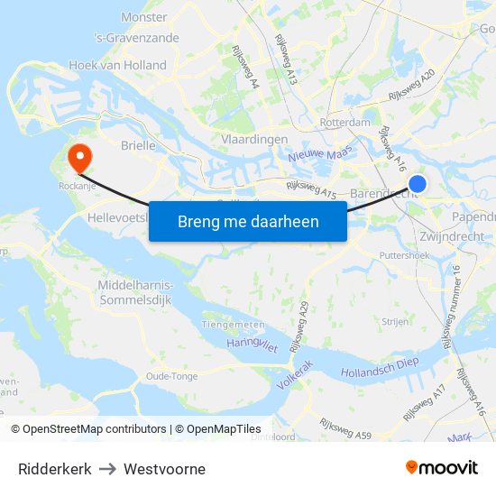 Ridderkerk to Westvoorne map
