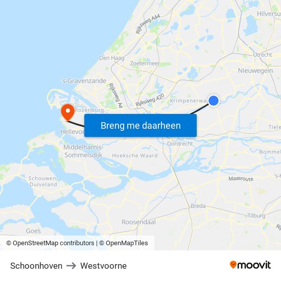 Schoonhoven to Westvoorne map