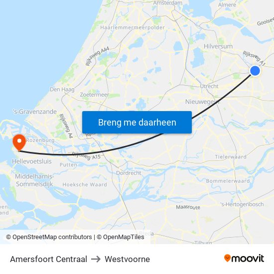 Amersfoort Centraal to Westvoorne map