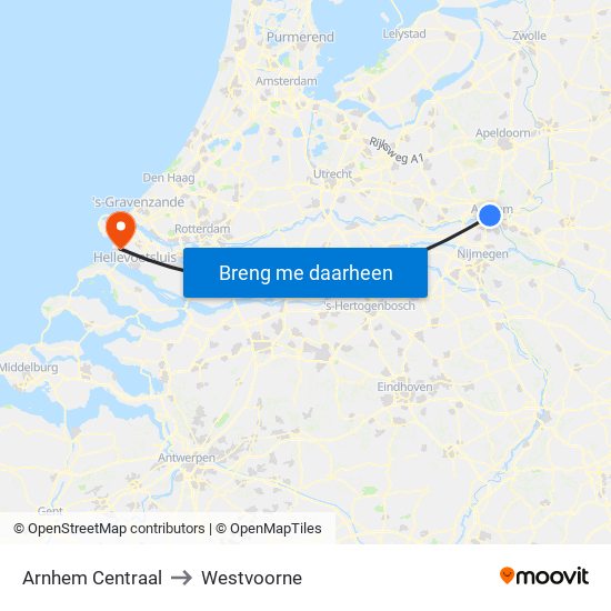 Arnhem Centraal to Westvoorne map