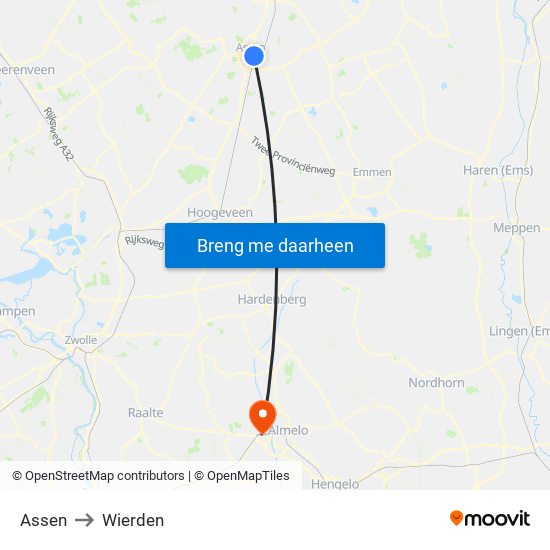 Assen to Wierden map