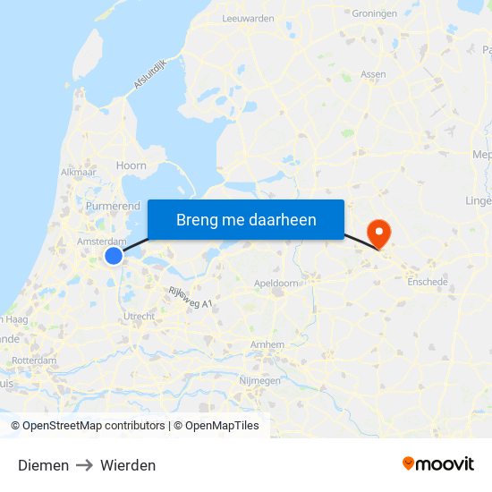 Diemen to Wierden map