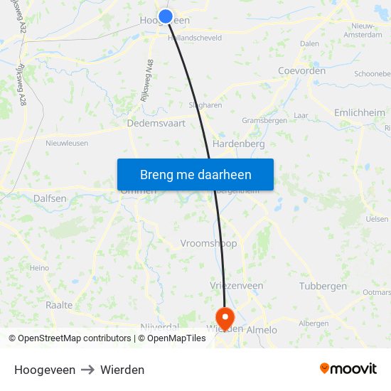 Hoogeveen to Wierden map