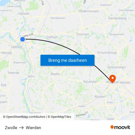 Zwolle to Wierden map