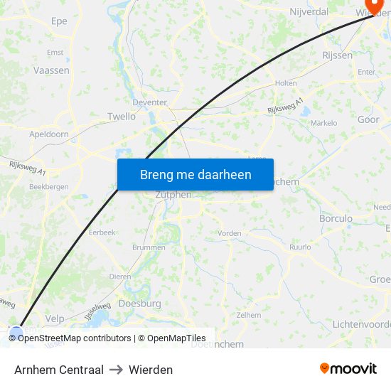 Arnhem Centraal to Wierden map