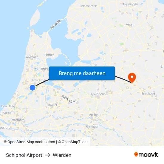 Schiphol Airport to Wierden map