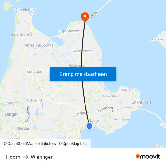Hoorn to Wieringen map