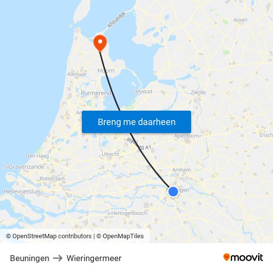 Beuningen to Wieringermeer map