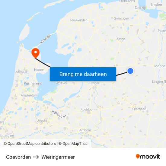 Coevorden to Wieringermeer map