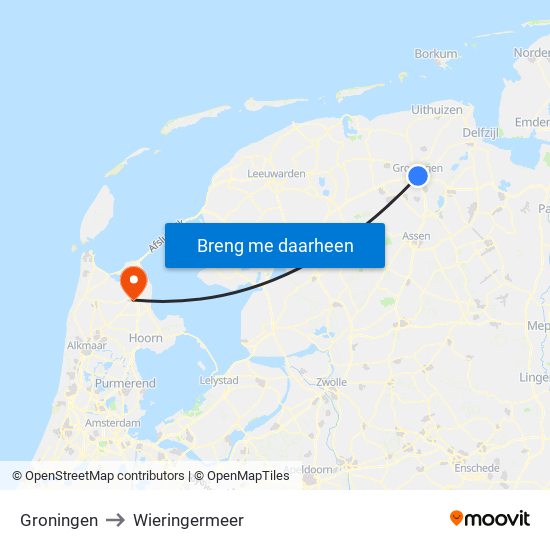Groningen to Wieringermeer map