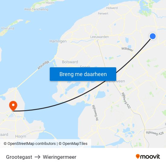 Grootegast to Wieringermeer map