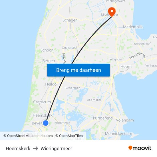 Heemskerk to Wieringermeer map