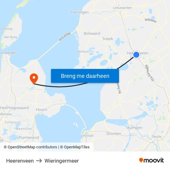 Heerenveen to Wieringermeer map