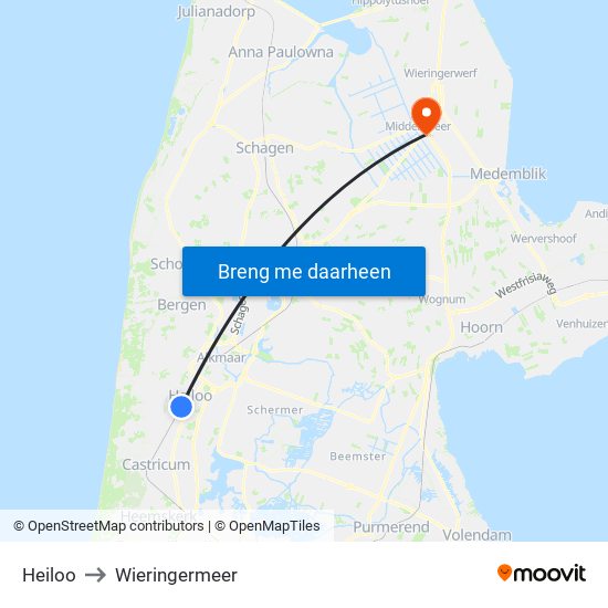 Heiloo to Wieringermeer map