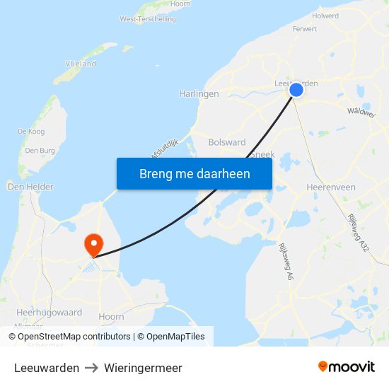 Leeuwarden to Wieringermeer map