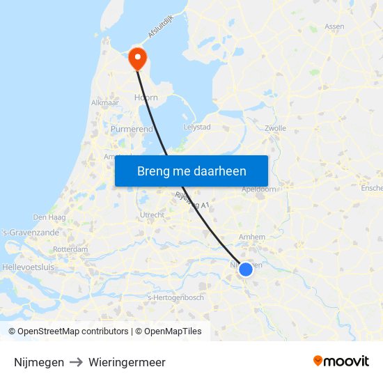 Nijmegen to Wieringermeer map