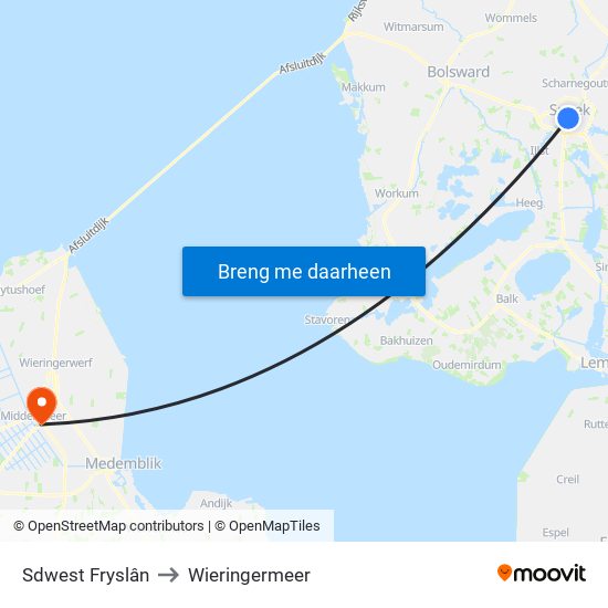 Sdwest Fryslân to Wieringermeer map
