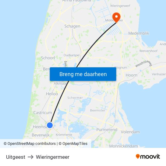 Uitgeest to Wieringermeer map