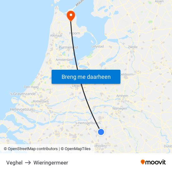 Veghel to Wieringermeer map
