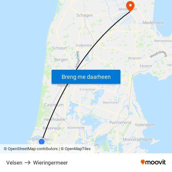 Velsen to Wieringermeer map